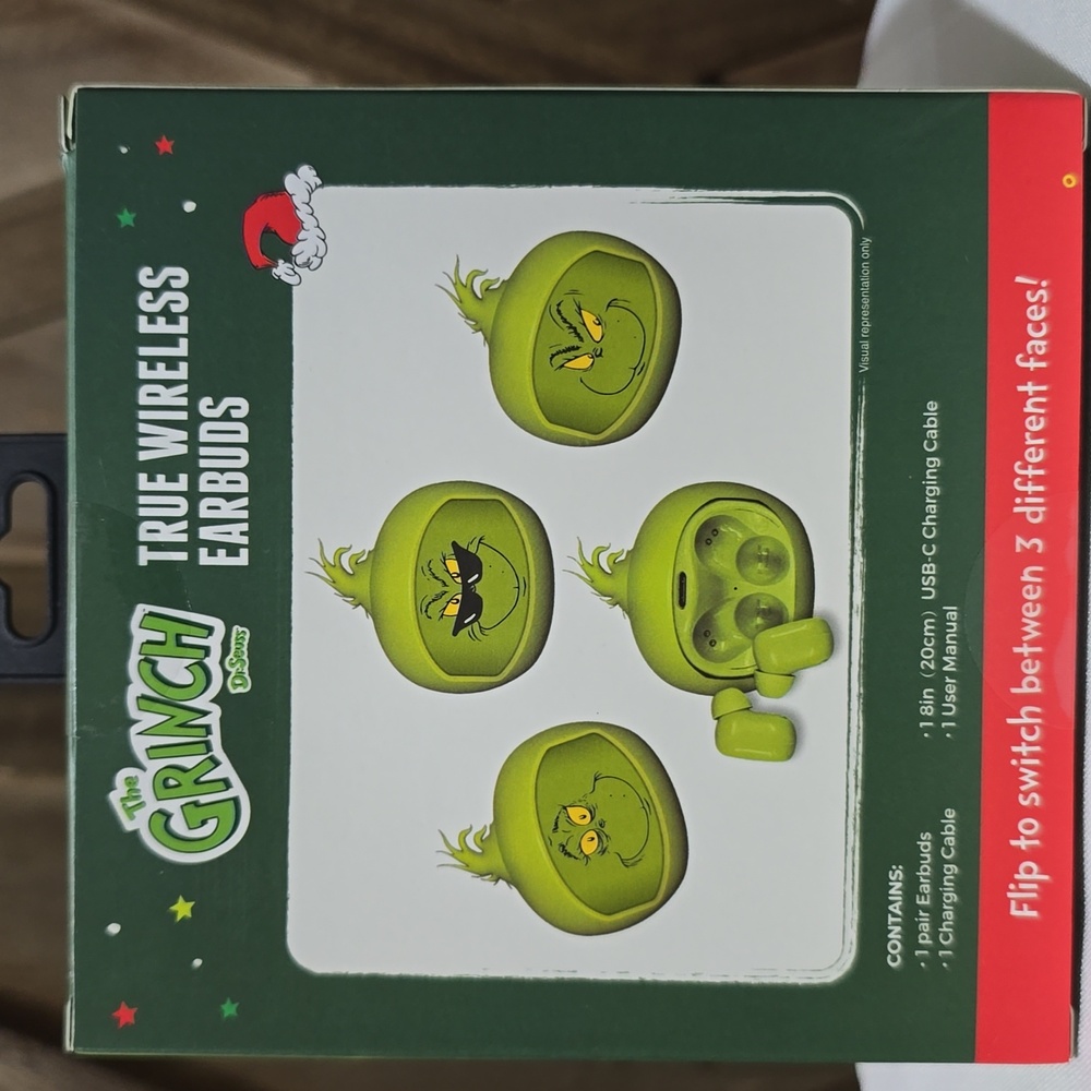 NIB True Wireless " The Grinch" Auto Pairing Flip Face Changing Ear Buds - Picture 2 of 6